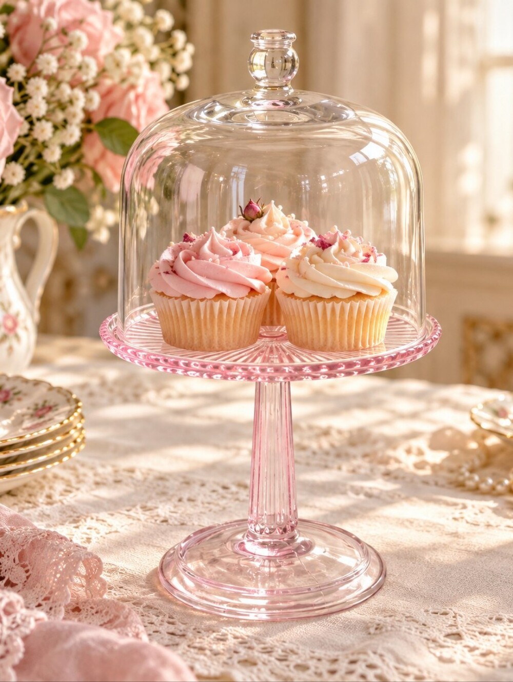 Vtg Style Pink Depression Glass Footed Cupcake Stand & Clear Cloche Dome Set 6”
